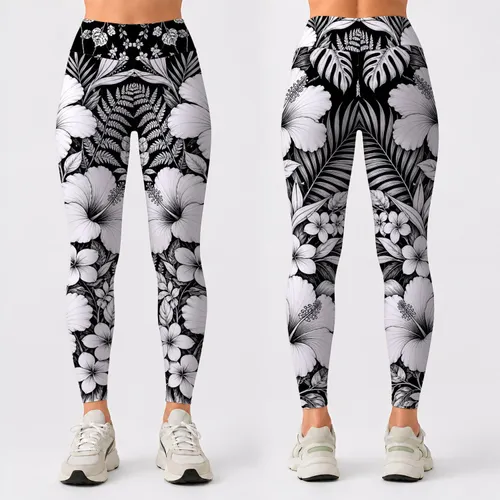 Black White Tropical Floral Botanical Side Panel For Yoga Gym Running Summer Style Leggings