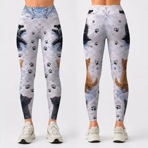 Snowy Kitten Paw Trail With Icy Winter Charm For Cozy Yoga Lounge Style Pet Lovers Leggings