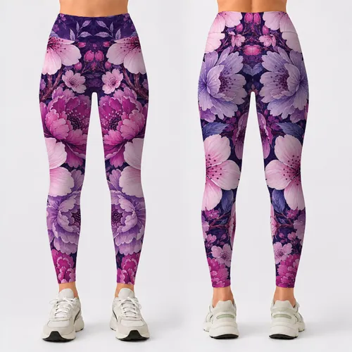Purple Cherry Blossom Florals For Spring Gym Studio And Athleisure Style Women Outfits Leggings