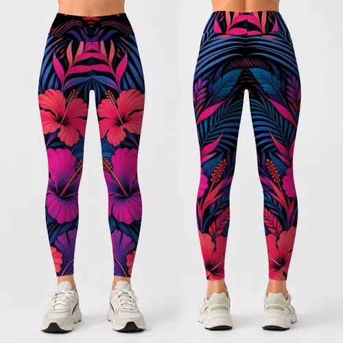 Neon Tropical Floral Leaves On Black For Night Gym Yoga Festival Style Active Women Leggings