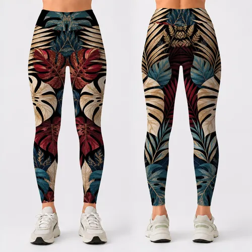 Midnight Tropical Palm Monstera Foliage For Resort Yoga Fitness And Travel Style Leggings
