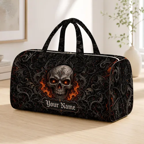 Fiery Gothic Skull On Black Damask With Flames For Halloween Trips And Dark Metal Fans Quilted Weekend Bag