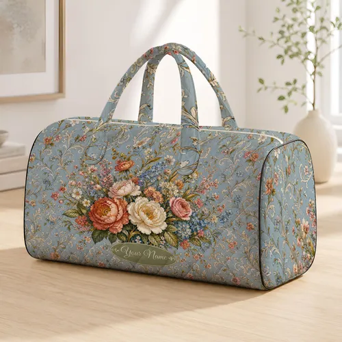Dusty Blue Rose Peony Botanical Name Label Romantic Travel Floral Gift For Women Quilted Weekend Bag