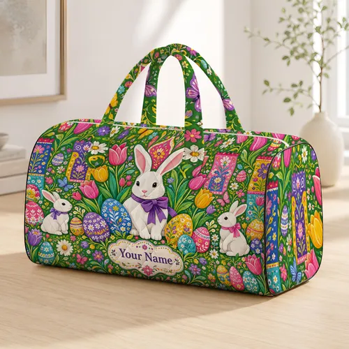 Easter Bunny Eggs Tulips Candy Bright Spring Travel Gift With Name Script For Rabbit Fans Quilted Weekend Bag