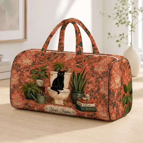 Black Cat On Clawfoot Toilet With Plants For Vintage Bathroom Humor Cat Ladies Gift Quilted Weekend Bag