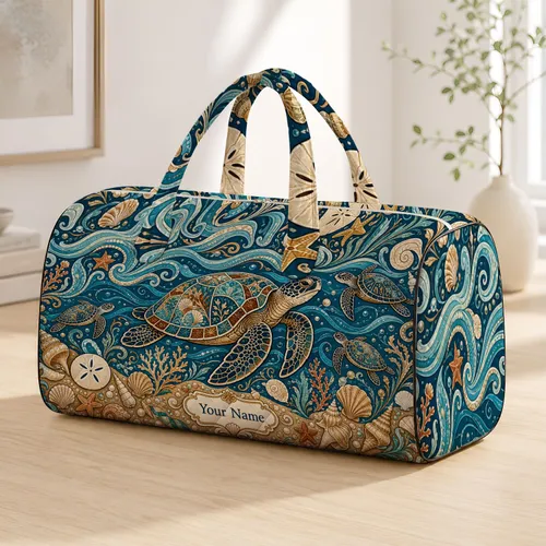 Sea Turtle Ocean Waves Seashell Coastal Summer Beach Travel Gift For Turtle Lovers Quilted Weekend Bag