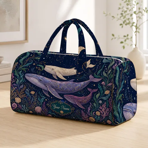 Enchanted Navy Whale Garden With Kelp And Gold Ocean Accents For Coastal Travel Lovers Quilted Weekend Bag