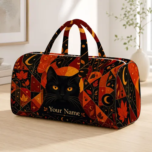 Black Cat Amber Eyes Halloween Autumn Color Block Modern Travel Gift For Cat Lovers Quilted Weekend Bag
