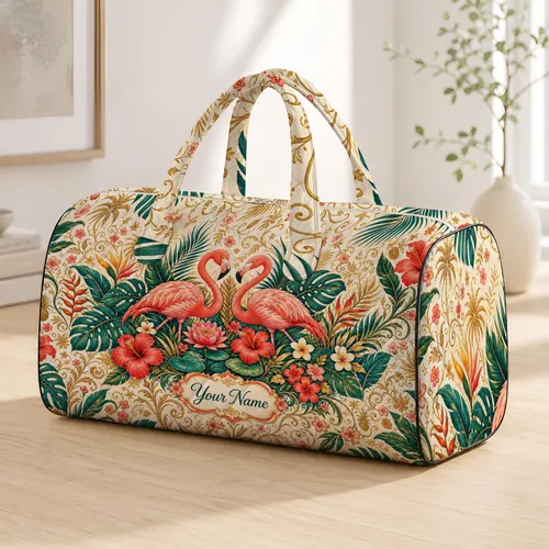 Flamingo Tropical Floral Monstera Hibiscus Holiday Gift Beach Vacation Name Accent Quilted Weekend Bag