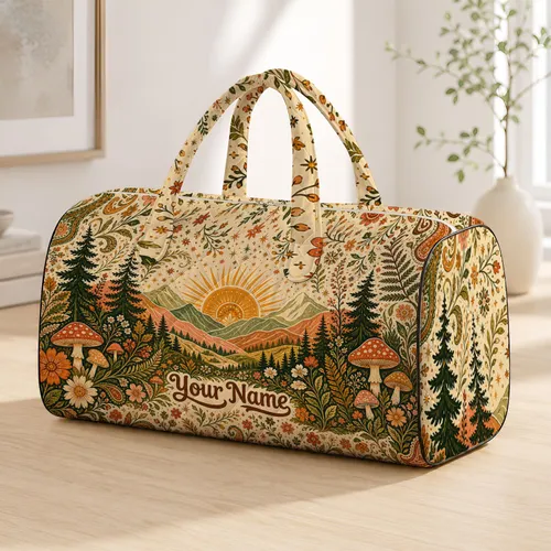 Boho Sunrise Mountains Mushrooms Folk Autumn Travel Gift For Nature Lovers Women Quilted Weekend Bag