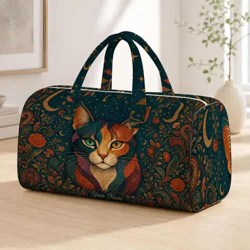 Heterochromia Cat With Retro Botanical Vines For Holiday Travel Cat Lover Women Quilted Weekend Bag