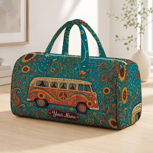 Retro Hippie Camper Van With Peace Symbol Sunflowers For Boho Road Trip Travelers Quilted Weekend Bag