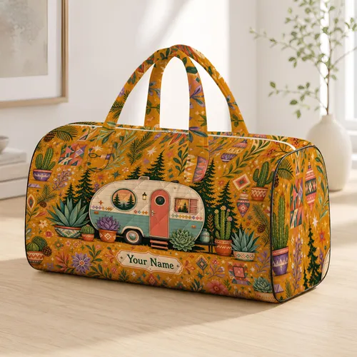 Retro Camper With Succulents Desert Christmas Camping Getaway For Vintage Travelers Quilted Weekend Bag