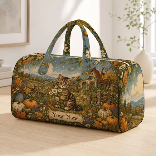 Tabby Kitten Autumn Cottage Garden With Daisies For Cozy Fall Travel And Cat Lovers Quilted Weekend Bag