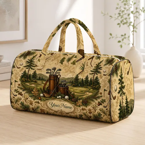 Vintage Golf Clubs And Pine Fairway Motifs For Country Club Travel Style Women Golfers Quilted Weekend Bag