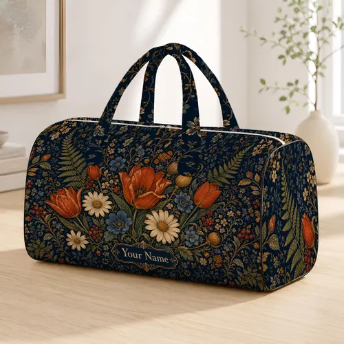 Midnight Navy Vintage Tulip Daisy Florals For Autumn Travel And Holiday Gifts For Her Quilted Weekend Bag