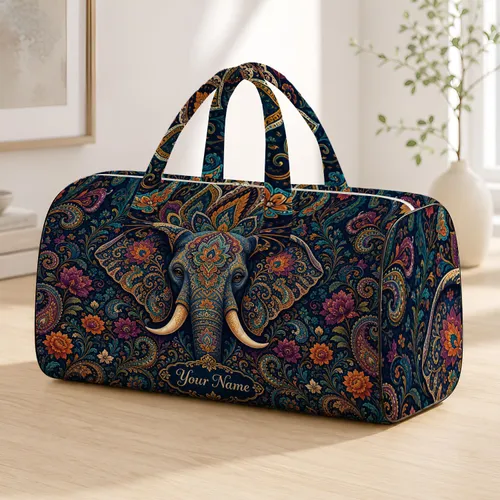 Navy Elephant Mandala With Boho Florals For Exotic Travel Style And Gifts For Her Quilted Weekend Bag