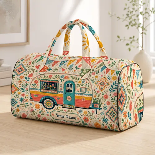 Retro Garden Caravan With Wildflowers For Cottagecore Road Trip Traveler Gifts Girls Quilted Weekend Bag