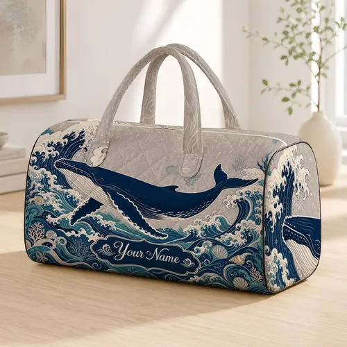 Humpback Whale With Japanese Waves Coastal Nautical Vacation Travel Style For Ocean Lovers Quilted Weekend Bag