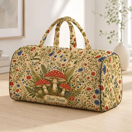 Fly Agaric Mushroom Florals With Ivory Folk Art Vines For Cottagecore Travel Women Quilted Weekend Bag