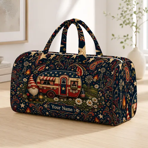 Patriotic Camper Gnome With Daisies And Windmill Americana Camping Gift For RV Lovers Quilted Weekend Bag