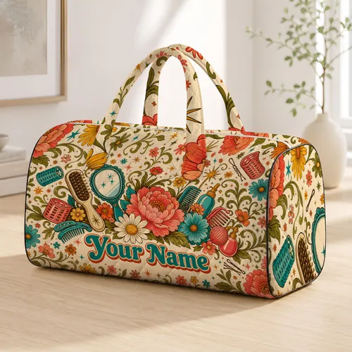Retro Hair Salon Florals And Beauty Tools For Girly Overnight Trips And Stylist Gifts Quilted Weekend Bag