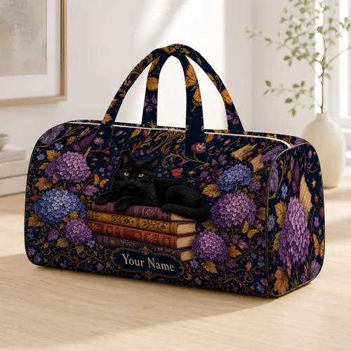 Gothic Black Cat On Vintage Books With Hydrangeas For Autumn Travel And Cat Lovers Quilted Weekend Bag