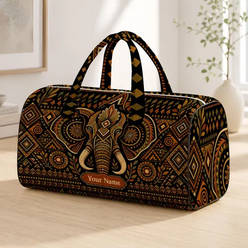 African Elephant Tribal Geometry Earth Tone Ethnic Travel Accessory For Women Gift Quilted Weekend Bag