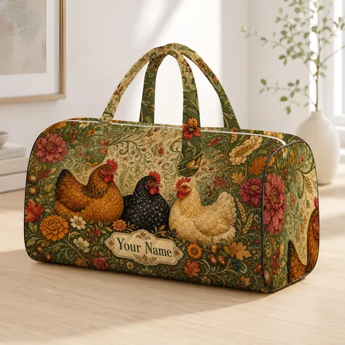 Vintage Farmhouse Three Hens With Autumn Florals For Harvest Travel Style For Women Quilted Weekend Bag
