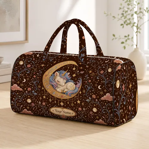 Sleepy Unicorn Foal In Crescent Moon Celestial Stars Holiday Travel Gift For Her Quilted Weekend Bag