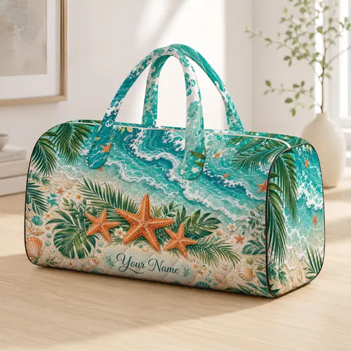 Tropical Ocean Waves Starfish Palm Leaves Beach Escape Summer Vacation Style For Women Quilted Weekend Bag