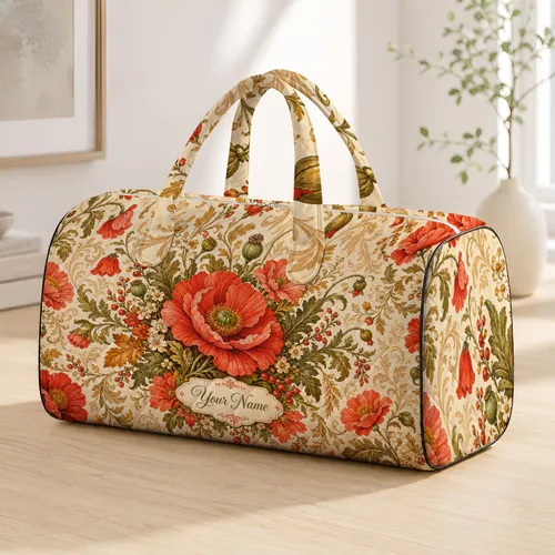 Coral Poppy Thanksgiving Floral Travel Gift With Name Cartouche And Harvest Botanicals Quilted Weekend Bag