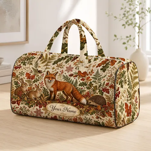 Red Fox Woodland Christmas Folk Art With Rabbits And Hedgehog For Holiday Travel Quilted Weekend Bag
