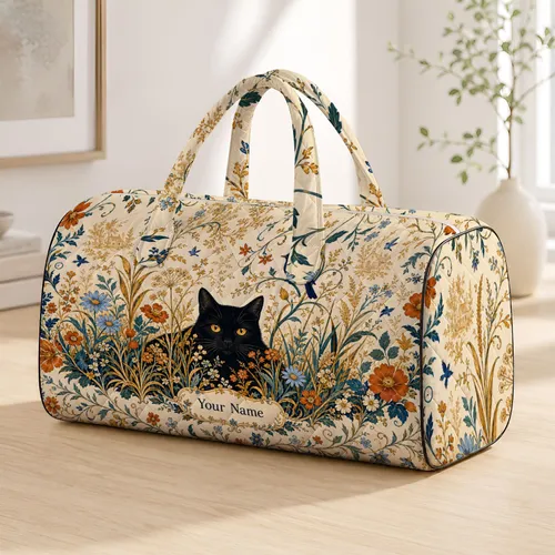 Black Cat And Blue Bird Cottage Garden Florals For Travel Outings And Cat Lovers Quilted Weekend Bag