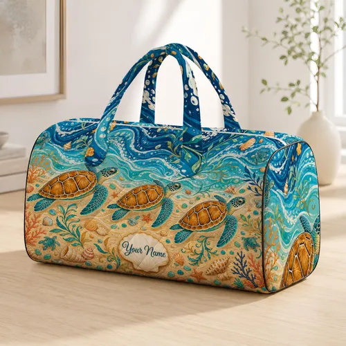 Sea Turtle Coastal Shells And Waves Beach Vacation Travel Accessory For Ocean Lovers Quilted Weekend Bag