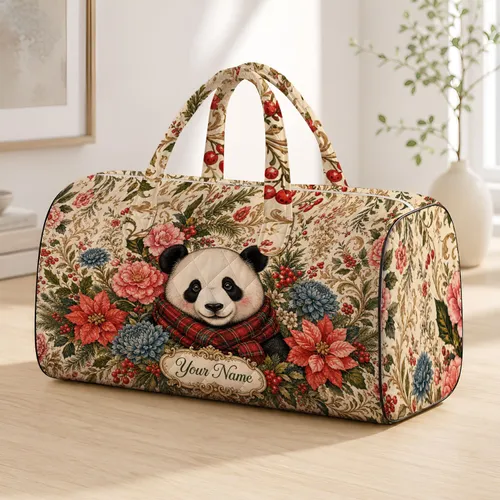 Vintage Winter Garden Panda With Holiday Florals For Festive Getaways And Gift Lovers Quilted Weekend Bag