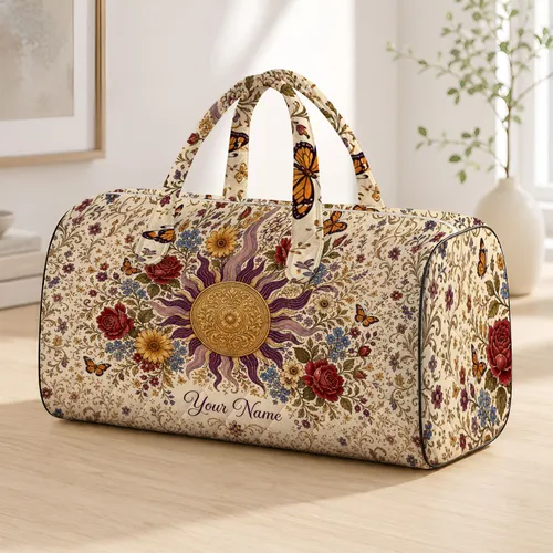 Vintage Botanical Rose Daisy Plum Ray Medallion Thanksgiving Getaway Gift For Women Quilted Weekend Bag