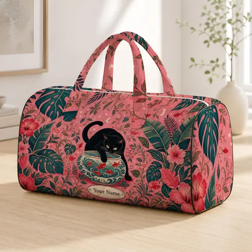 Black Cat Fishing With Tropical Leaves On Dusty Pink For Halloween Travel Gifts For Women Quilted Weekend Bag