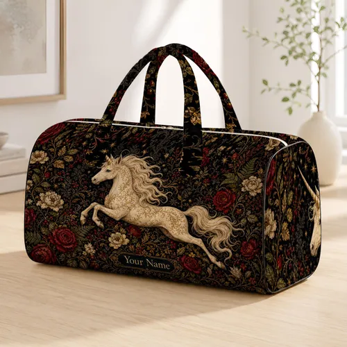 Dark Unicorn Floral Tapestry With Gothic Roses For Halloween Autumn Fantasy Lovers Quilted Weekend Bag