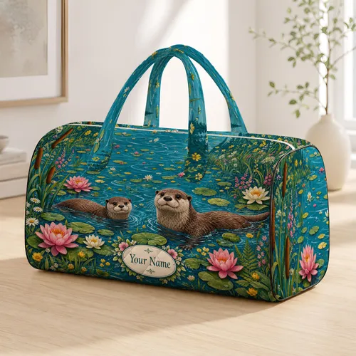 River Otters In Lily Pond Meadow With Wildflowers For Lakeside Getaways And Nature Lovers Quilted Weekend Bag