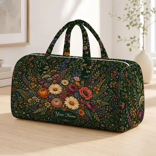 Dark Green Wildflower Bouquet Boho Botanical Travel Style For Nature Loving Women Quilted Weekend Bag