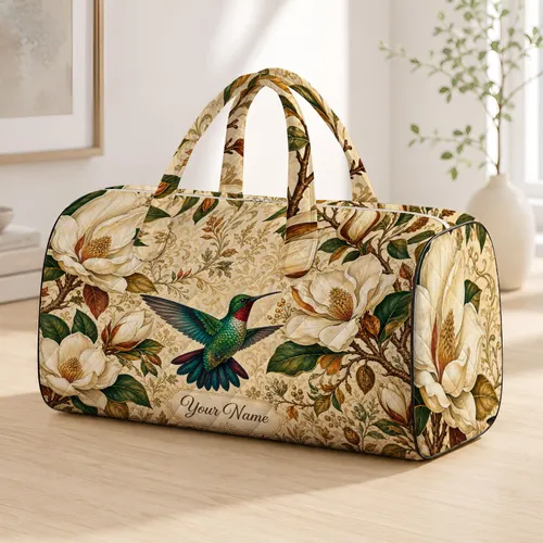 Hummingbird And White Magnolia Vintage Botanical Travel Gift For Bird Loving Women Quilted Weekend Bag