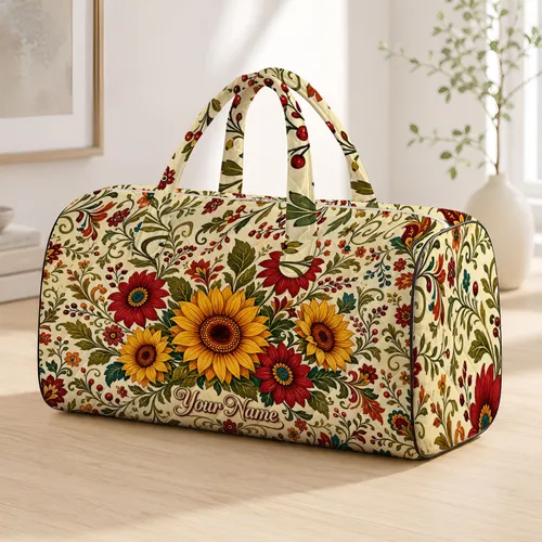 Wine Red Sunflowers And Folk Daisies For Autumn Travel Gifts With Heritage Name Accent Quilted Weekend Bag