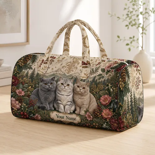 British Shorthair Cats With Pine Florals For Christmas Holiday Travel Cat Lovers Gift Quilted Weekend Bag