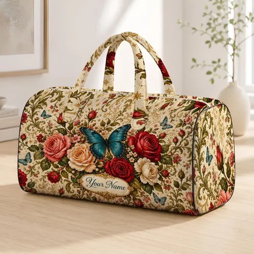 Vintage Rose And Blue Butterfly Botanical Garden For Romantic Travel And Flower Lovers Quilted Weekend Bag