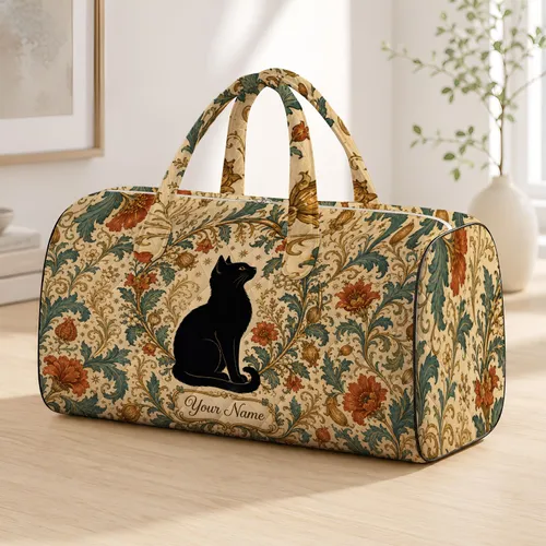 Black Cat Botanical Wreath Vintage Autumn Travel Accessory Gifts For Cat Loving Women Quilted Weekend Bag