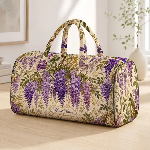 Autumn Wisteria Floral Garden With Ivory Plum Lavender Vines For Fall Travel Style Quilted Weekend Bag