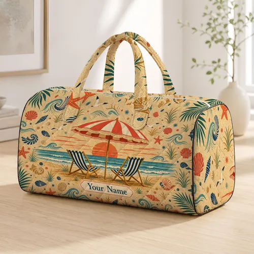 Vintage Beach Parasol Seagulls Ocean Sunset Coastal Vacation Resort Style For Women Quilted Weekend Bag