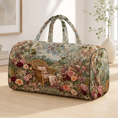 Rattan Garden Chair With Rose Bouquets French Country Cottage Travel Gift For Her Quilted Weekend Bag