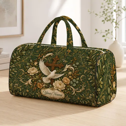 White Dove Olive Sprig Sage Floral Wreath Vintage Christian Travel Gift For Women Quilted Weekend Bag